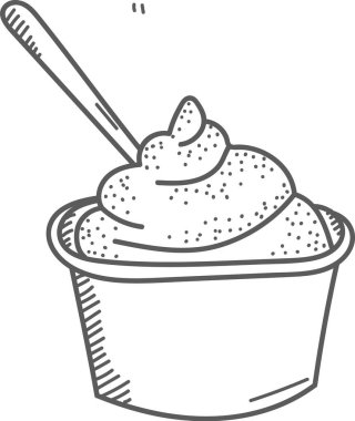 İçi dondurma dolu bir fincan ve elle çizilmiş bir kaşık. Tatlı pürüzsüz çizgiler ve noktalı dokularla tasvir edilir. Çizgi film vektör illüstrasyonu.