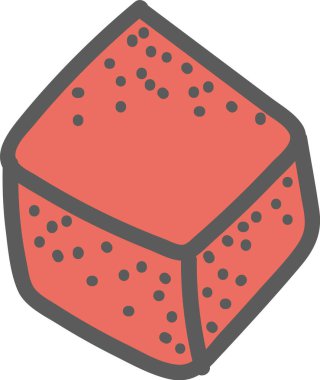 Yuvarlak kenarlı bir küp ve cesur bir taslak şeklinde dağınık noktalar. Şekil, neşeli görünümlü bir zara benziyor. Çizgi film vektör illüstrasyonu.