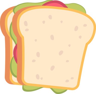 Marul ve domatesli düz bir sandviç yığını. Taze malzemelerle katmanlanmış ekmek dilimleri lezzetli bir görünüm yaratır. Çizgi film vektör illüstrasyonu.