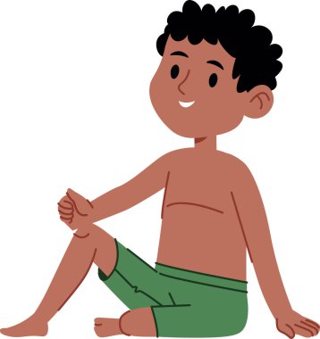 Kıvırcık saçlı neşeli bir çocuk düz çizgi film tarzında çizilmiş şortuyla bacak bacak üstüne atarak oturur. Çocukların ifadesi neşeli, rahat bir duruşu ve basit çizgileri var. Çizgi film vektör illüstrasyonu.