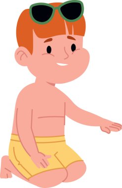 Genç bir çocuk mayo ve güneş gözlüğü takarak çizgi film tarzında diz çöküyor. Çocuk sıcak bir şekilde gülümsüyor, neşeli bir yaz havası yayıyor. Çizgi film vektör illüstrasyonu.