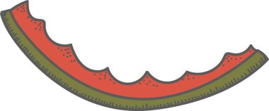 Çizgi film tarzında ısırık izleri olan bir karpuz kabuğu. Çizimde sivri kenarı ve noktalı dokusu olan bir meyve derisi tasvir ediliyor. Çizgi film vektör illüstrasyonu.