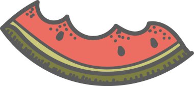 Çizgi film tarzında ısırılmış bir karpuz dilimi. Sulu meyve cesur çizgiler ve basit şekillerle tasvir edilir. Çizgi film vektör illüstrasyonu.