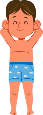 Gülümseyen bir çocuk çizgi film tarzında kolları başının arkasında durur. Çocuk balık desenli mayo giyiyor ve neşeli görünüyor. Çizgi film vektör illüstrasyonu.
