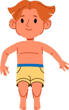 Kısa saçlı, şortu düz çizgi film tarzında yüzen neşeli bir çocuk. Çocuk kollarını açmış ve dostça bir ifadeyle duruyor. Çizgi film vektör illüstrasyonu.
