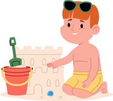 Güneş gözlüklü genç bir çocuk kumdan bir kale ve kovanın yanında neşeli bir çizgi film tarzında oturur. Çocuk bir kürek ve kum kovasıyla kumsalda güneşli bir günün tadını çıkarıyor. Çizgi film vektör illüstrasyonu.