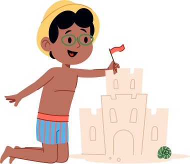 Mayolu ve şapkalı bir çocuk çizgi film tarzında küçük bir bayrağı olan kumdan bir kale inşa eder. Genç çocuk kuma diz çöküp kaleye dikkatle bir bayrak dikti. Çizgi film vektör illüstrasyonu.