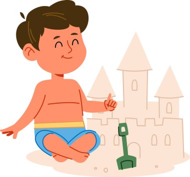 Bir çocuk elinde kürekle kumdan bir kalenin yanında neşeli bir çizgi film tarzıyla mutlu bir şekilde oturur. Genç bir çocuk kumsalda bir kale inşa etmekten zevk alıyor, neşeyle gülümsüyor. Çizgi film vektör illüstrasyonu.