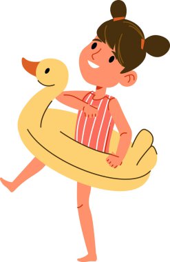 Çizgili mayolu bir kız neşeyle ördek şeklinde şişirilebilir bir yüzük tutuyor. Bir çocuk, yaz eğlencesi için su kuşları şeklinde yüzen bir aletle oynuyor. Çizgi film vektör illüstrasyonu