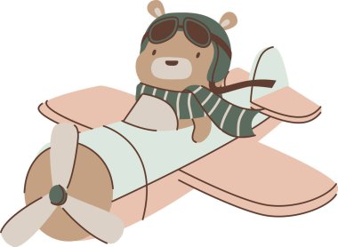 Havacı teçhizatlı çekici bir ayı pervaneli küçük bir uçağı uçuruyor. Şirin bir hayvan küçük bir uçakla seyahat eder. Çizgi film vektör illüstrasyonu