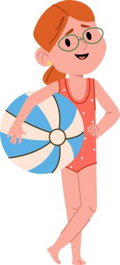 Mayolu bir kız, neşeli bir çizgi film tarzında çizilmiş bir plaj topu tutuyor. Gözlüklü genç bir bayan büyük bir küreyle oynayarak bir yaz gününün tadını çıkarıyor. Çizgi film vektör illüstrasyonu
