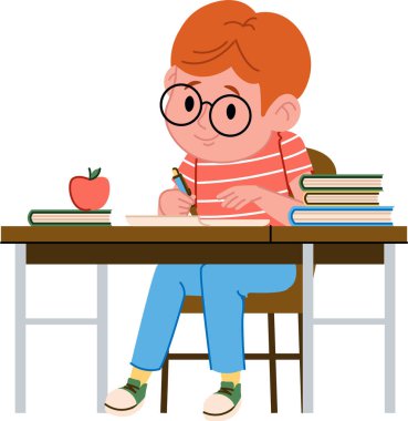 Gözlüklü genç bir çocuk bir masada oturuyor ve yanında bir kalem ve kitapla yazıyor. Bir öğrenci öğrenme materyalleri ve atıştırmalıklarla çevrili ev ödevini özenle yapar. Çizgi film vektör illüstrasyonu