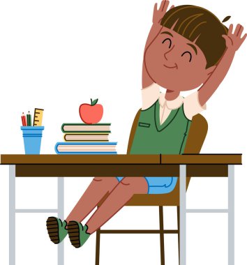 Bir çocuk okul masasında kitap ve elmayla oturuyor. Okul masasındaki bir öğrenci bir çalışma seansından sonra dinleniyor. Çizgi film vektör illüstrasyonu