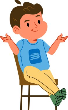 Erkek çocuk, kolları açık bir şekilde bir sandalyeye oturur, rahat bir pozla, çizgi film tarzında tasvir edilir. Çocuk, basit mobilyaların üzerine tünemiş, tasasız bir şekilde gösterilir. Çizgi film vektör illüstrasyonu