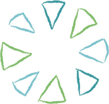 Üçgenlerden oluşan bir halka elle çizilmiş çizgili çizgilerle tasvir edilir. Geometrik şekiller merkezi bir nokta etrafında tekrarlanan bir kalıp oluşturur. Çizgi film vektör illüstrasyonu