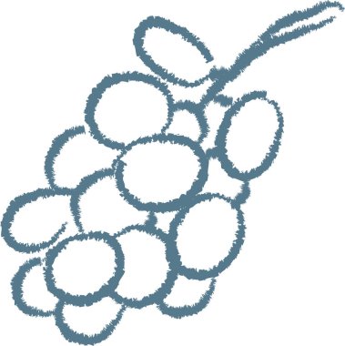 Üzümler desenli çizgiler ve oval şekillerle elle çizilmiş bir şekilde tasvir edilir. Meyve demeti basit, doğal bir görüntü olarak sunuluyor. Hafif, yarım yamalak bir estetik. Çizgi film vektör illüstrasyonu