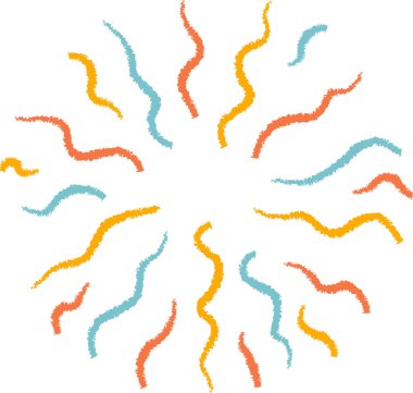 Güneş patlaması motifi dalgalı, pastel fırça darbeleriyle tasvir edilir. Parlak, neşeli çizgiler merkezi bir noktadan dışarıya doğru yayılarak canlı bir enerji patlaması yaratır. Çizgi film vektör illüstrasyonu