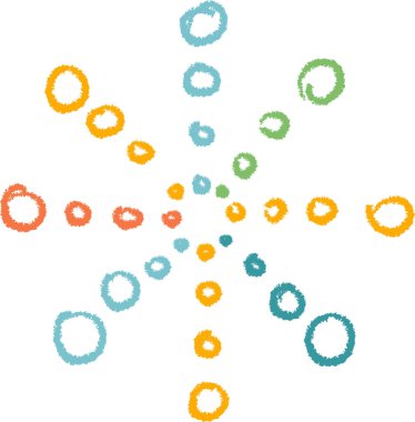 Çemberler, elle çizilmiş dokulu bir şekilde sarmal bir şekilde dışa doğru yayılır. Yuvarlak şekillerin canlı bir düzeni dinamik ve enerjik bir kompozisyon yaratır. Çizgi film vektör illüstrasyonu