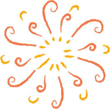 Girdap ışınlı bir güneş elle çizilmiş bir şekilde tasvir edilir. Çizimler sarmal çizgilerle enerji yayan parlak bir çember gösteriyor. Çizgi film vektör illüstrasyonu