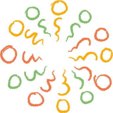 Çemberler ve dalgalı çizgiler pastel boya gibi bir dokuya sahiptir. Görüntü, yuvarlak şekillerin çocuksu çizimlerini ve şekil oluşturan karalamaları gösteriyor. Çizgi film vektör illüstrasyonu