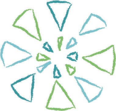 Üçgenler el yapımı dokulu dairesel bir şekil oluştururlar. Görüntü yayılan şekillerin simetrik bir çiçek motifi oluşturduğunu gösteriyor. Çizgi film vektör illüstrasyonu