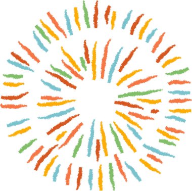 Çizgiler dışa doğru dairesel bir şablon içinde yayılıyor, desenli, elle çizilmiş bir görünüme sahip. Görüntü, hareket yaratmak için kısa ve renkli çizgiler kullanan bir güneş patlaması motifini gösteriyor. Çizgi film vektör illüstrasyonu