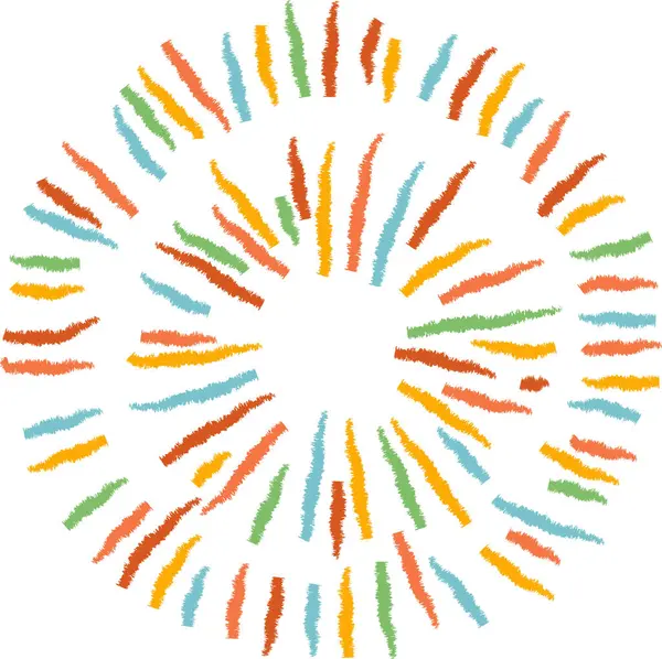 Çizgiler dışa doğru dairesel bir şablon içinde yayılıyor, desenli, elle çizilmiş bir görünüme sahip. Görüntü, hareket yaratmak için kısa ve renkli çizgiler kullanan bir güneş patlaması motifini gösteriyor. Çizgi film vektör illüstrasyonu