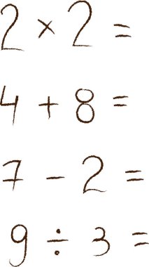 Basit matematik problemleri kaba, el yazısıyla çizilmiş. Aritmetik işlemler çarpma, toplama, çıkarma ve bölmeyi içerir. Çizgi film vektör illüstrasyonu.