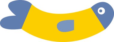 Biçimlendirilmiş bir balık görüntüsünde kıvrımlı sarı bir vücut ve mavi yüzgeçler bulunur. Bu su canlısı cesur şekiller ve düz estetik kullanılarak basitleştirilmiş bir şekilde tasvir edilmiştir. Çizgi film vektör illüstrasyonu