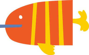 Neşeli bir turuncu balık sarı çizgili ve yüzgeçli yüzer. Bu su canlısının neşeli bir ifadesi ve basit bir vücudu var. Çizgi film vektör illüstrasyonu