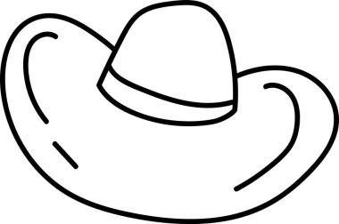 Siyah bir taslak, geniş kenarlı bir plaj şapkasını ve tanımlanmış bir tacı tasvir eder. Bu başlık şekli bir yaz aksesuarı olarak sunuluyor, minimalist bir sanat tarzıyla gösteriliyor. Çizgi film vektör illüstrasyonu