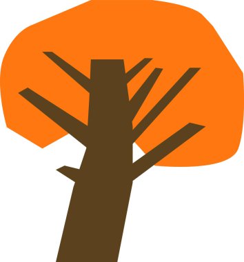 Bir stilize ağaç geometrik bir taç ve gövde ile tasvir edilir. Görüntü, basit bir ağaç şeklini kalın ve düz bir şekilde gösteriyor. Çizgi film vektör illüstrasyonu