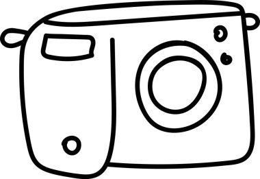 Bir kamera çocuksu bir çizimde resmedilir. Görüntü lensleri ve düğmeleri olan basit bir fotoğraf cihazını gösteriyor. Çizgi film vektör illüstrasyonu