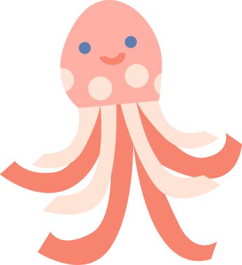 Denizanası, pembe gövdeli ve turuncu dokunaçlı minimalist bir şekilde tasvir edilir. Bu suda yaşayan hayvanın gülümseyen bir yüzü var ve neşeli bir deniz sakini olarak sunuluyor. Çizgi film vektör illüstrasyonu