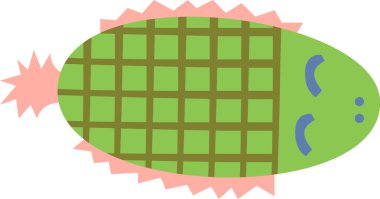 Gülümseyen bir su hayvanı, pembe yüzgeçli, ızgaralı bir desenle tasvir edilir. Bu dost canlısı deniz yaratığı, dokulu bir vücuda ve küçük özelliklere sahip. Çizgi film vektör illüstrasyonu