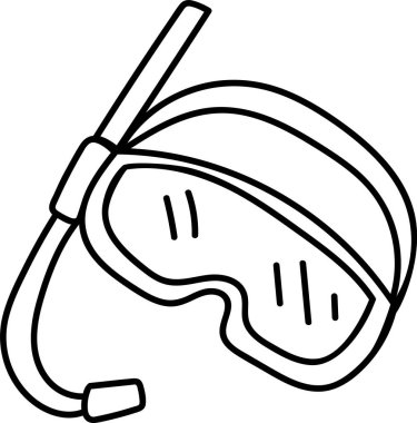 Bir dalış maskesi ve şnorkel elle çizilmiş bir sanat tarzında gösterilir. Su altı teçhizatı, temiz bir estetik için basit ve cesur bir tasvir ile tasvir edilir. Çizgi film vektör illüstrasyonu