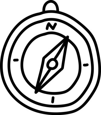 Pusula, kalın hatları olan el çizimi bir tarzla tasvir edilir. Navigasyonel alet kuzeyi gösteren bir iğne ile yönü gösteriyor. Çizgi film vektör illüstrasyonu