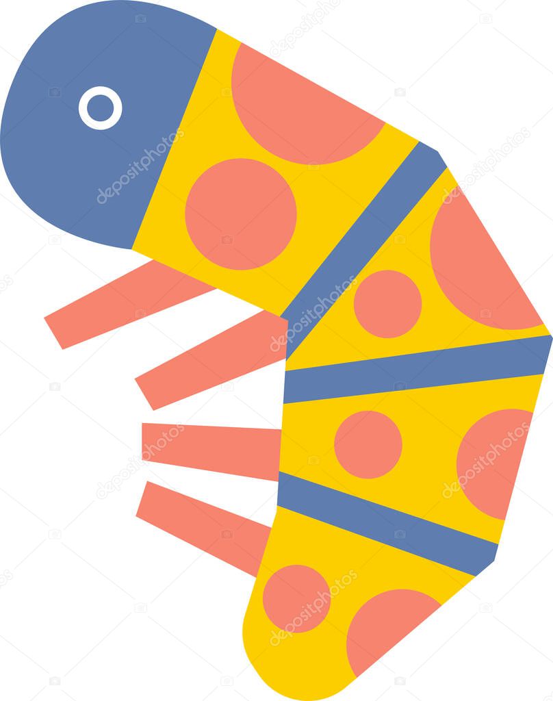 A papercut-style caterpillar boasts a segmented body with bold geometric shapes and a playful, minimalist aesthetic. Cartoon