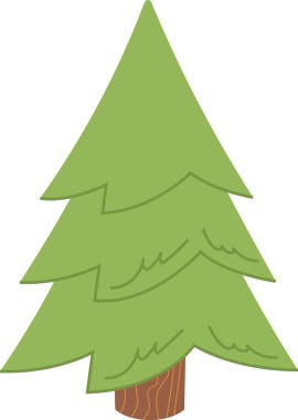 Basit bir çizim tarzında katmanlı dalları olan stilize edilmiş yeşil bir ağaç. Ağacın gövdesi desenli ve yaprakları pürüzsüz. Çizgi film vektör illüstrasyonu.