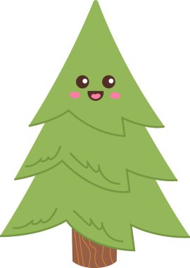 Neşeli bir çam ağacı, gülümseyen bir yüzü ve neşeli çizgi film tarzında pembe yanakları var. Ağaç mutlu bir ifadeye ve basit geometrik şekillere sahiptir. Çizgi film vektör illüstrasyonu.