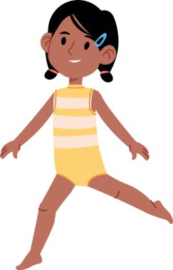 Çizgili taytlı genç bir kız çizgi film tarzında jimnastik pozu veriyor. Çocuk neşeli bir ifade ve örgülü saçla tasvir edilir. Çizgi film vektör illüstrasyonu.