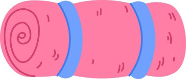 Çizgi film tarzında iki emniyet kemeri olan yuvarlanmış bir uyku tulumu. Sarılı yatak basit çizgiler ve en az detaylarla tasvir ediliyor. Çizgi film vektör illüstrasyonu.