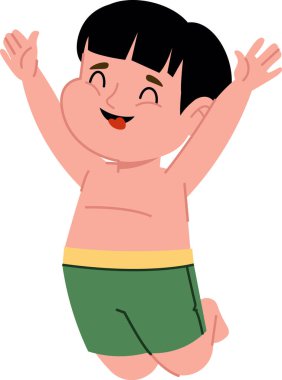 Neşeli çizgi film tarzında kollarını kaldırmış mutlu bir çocuk. Çocuk heyecandan zıplıyor, şort giyiyor ve gülümsüyor. Çizgi film vektör illüstrasyonu.