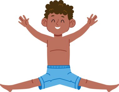 Kıvırcık saçlı neşeli bir çocuk kolları ve bacakları geniş bir şekilde havaya sıçrıyor. Mutlu ifade ve dinamik duruş enerjiyi ve heyecanı iletir. Çizgi film vektör illüstrasyonu.