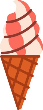Dönen katmanları ve waffle külahı olan stilize bir dondurma külahı. Koni kremsi bir desen ve dekoratif çizgiler içeriyor. Çizgi film vektör illüstrasyonu.