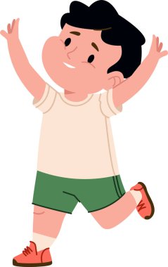 Neşeli bir çocuk, kollarını kaldırmış oyuncu bir poz, çizgi film tarzında çizilmiş. Çocuk mutlu bir ifade ve dinamik bir hareketle tasvir ediliyor. Çizgi film vektör illüstrasyonu.