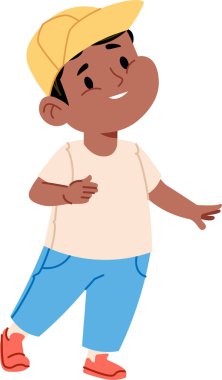 Şapkalı ve günlük kıyafetleri olan, oyuncu bir şekilde çizilmiş genç bir çocuk. Çocuk gülerken ve dostça bir ifadeyle el kol hareketi yaparken resmedildi. Çizgi film vektör illüstrasyonu.