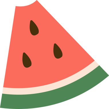 Düz bir tarzda tohumlu stilize edilmiş karpuz dilimi. Resim yeşil kabuklu ve siyah tohumlu üçgen bir meyve parçasını gösteriyor. Çizgi film vektör illüstrasyonu.