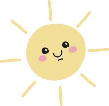 Neşeli bir ifadeyle gülümseyen bir güneş ve çizgi film tarzında kızaran yanaklar. Güneşi çevreleyen yayılan çizgiler sıcaklık ve neşe katıyor. Çizgi film vektör illüstrasyonu.