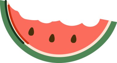 Düz dizaynlı tohumlu stilize bir karpuz dilimi. Resim, yeşil kabuklu ve siyah tohumlu sulu bir meyve kesimini gösteriyor. Çizgi film vektör illüstrasyonu.